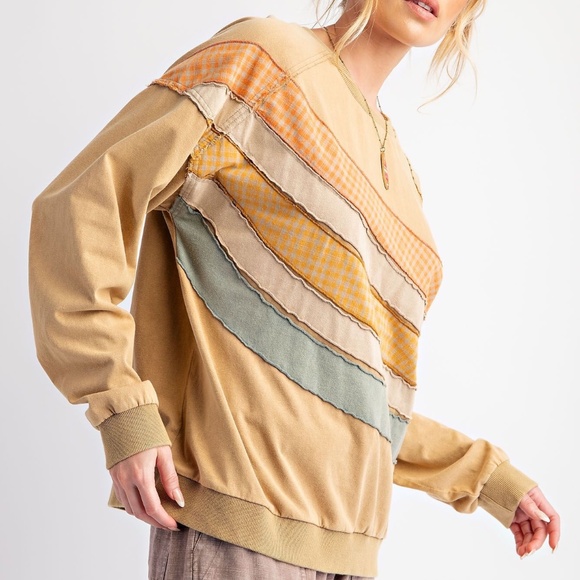 New Easel Washed Distressed Terry Knit Pullover Patchwork Sweatshirt Patchwork - Picture 7 of 10